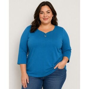 Quacker Factory 3X Teal Blue Rhinestone Keyhole 3/4 Sleeve Knit Top Shirt